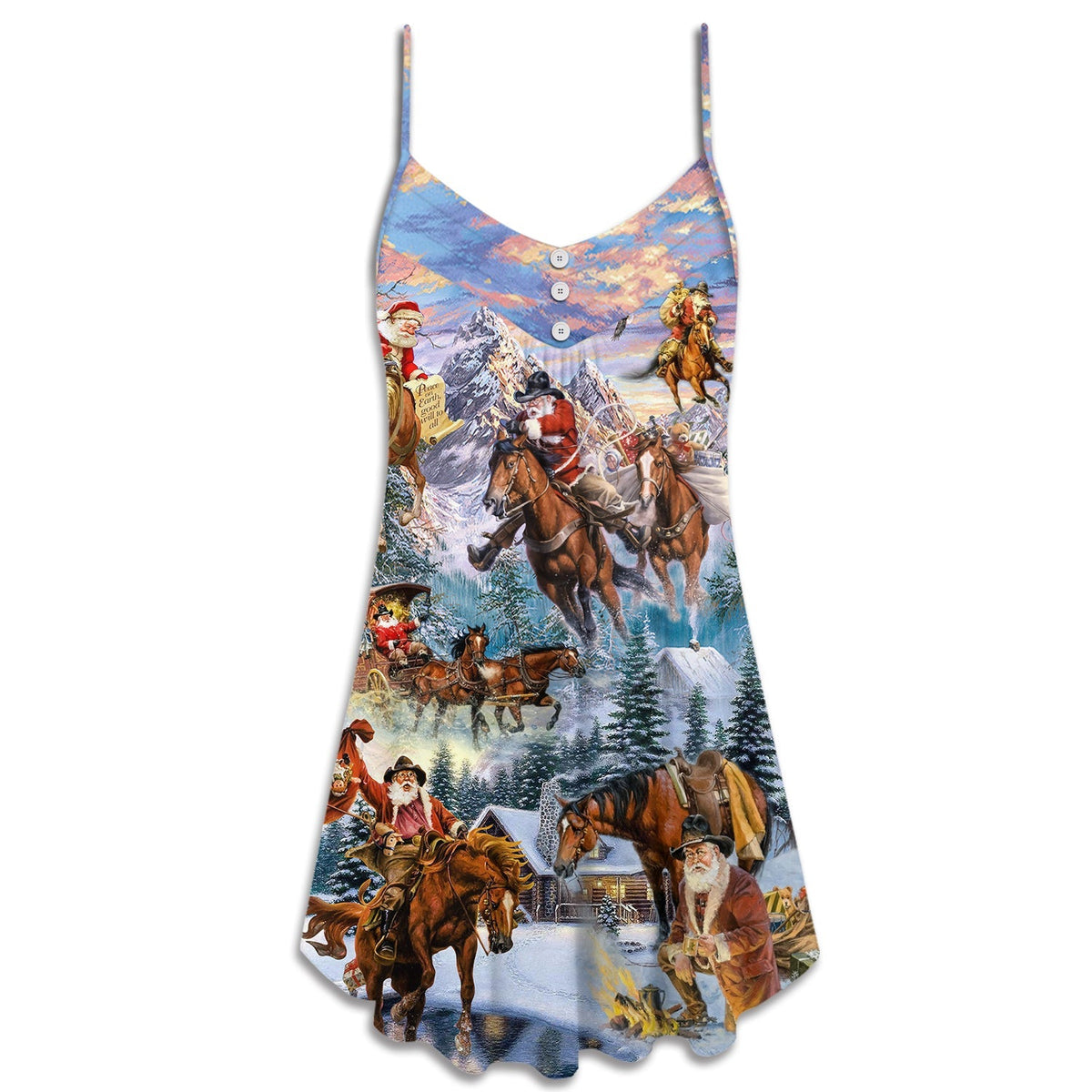 Christmas Santa Riding Horse Snow Mountain V-Neck Sleeveless Cami Dress For Summer Events And Comfortable Everyday Style