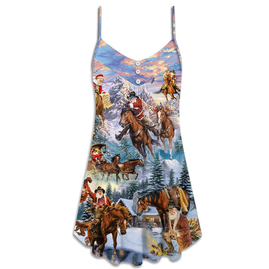 Christmas Santa Riding Horse Snow Mountain V-Neck Sleeveless Cami Dress For Summer Events And Comfortable Everyday Style