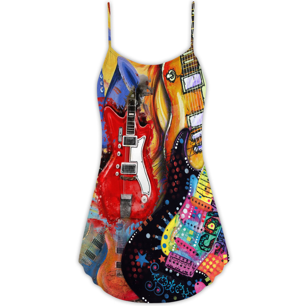 Galaxy Guitar Colorful Background V-Neck Sleeveless Cami Dress For Music Festivals And Casual Summer Wear