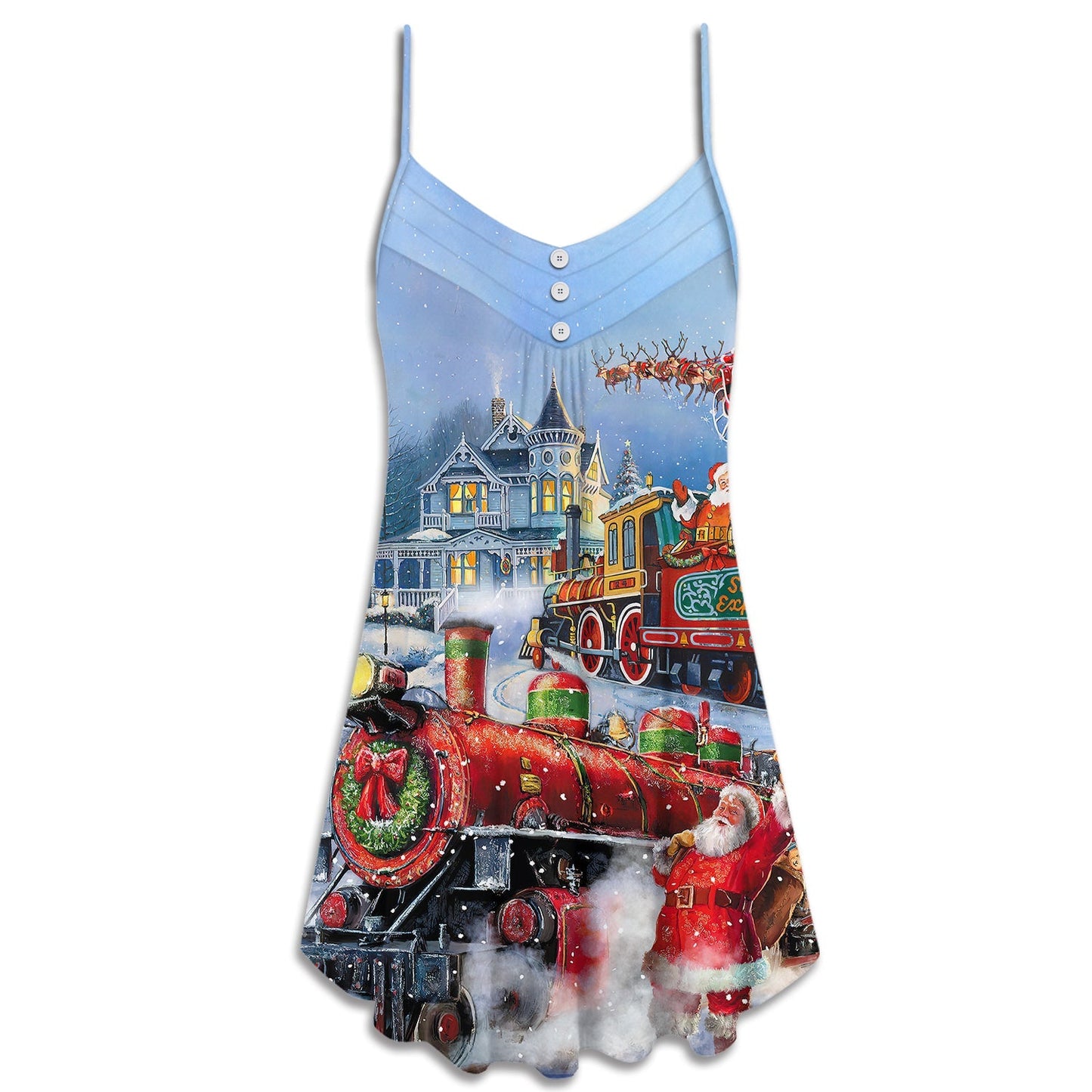 Santa Train Gift Christmas V-Neck Sleeveless Cami Dress For Beach Trips Parties And Relaxed Warm Weather Style