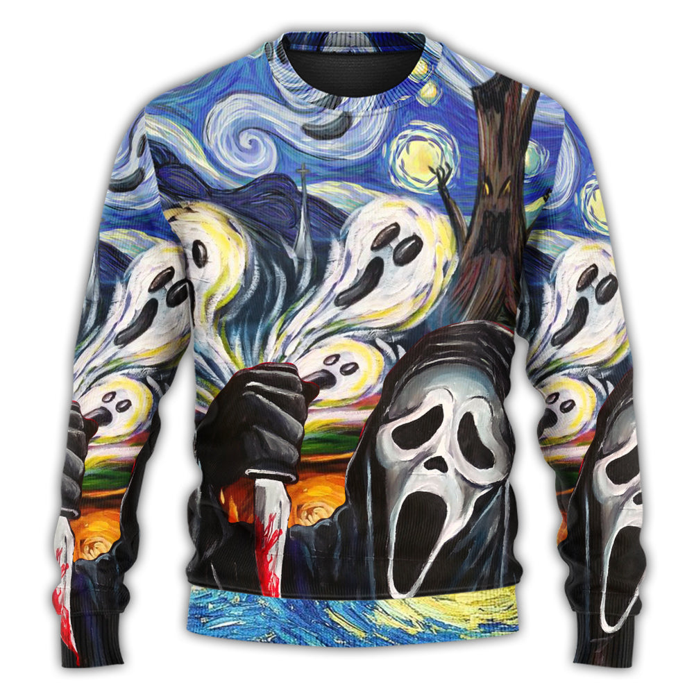 Halloween Ghost Starry Night Sweater For Art Fans Travel Parties And Distinctive Casual Style