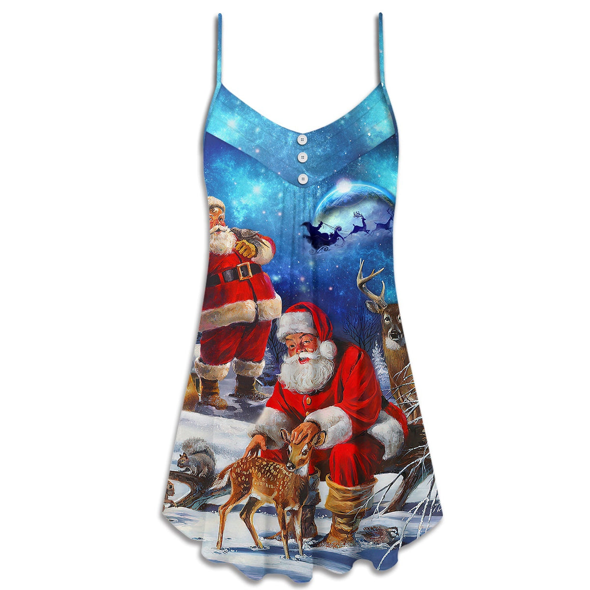 Santa Night Sky Christmas V-Neck Sleeveless Cami Dress For Vacations Parties And Expressive Warm Weather Styling