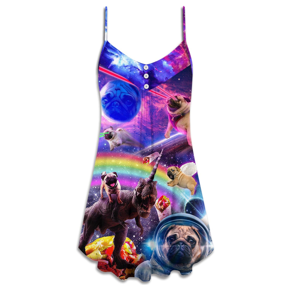 Pug Galaxy Rainbow Fun Style V-Neck Sleeveless Cami Dress For Pride Parties Festivals And Sunny Summer Getaways
