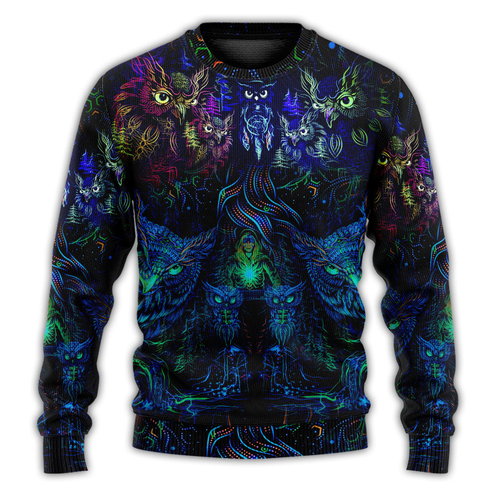 Colorful Owl And Witch Fantasy Sweater For Art Lovers Holidays Parties And Comfortable Wear