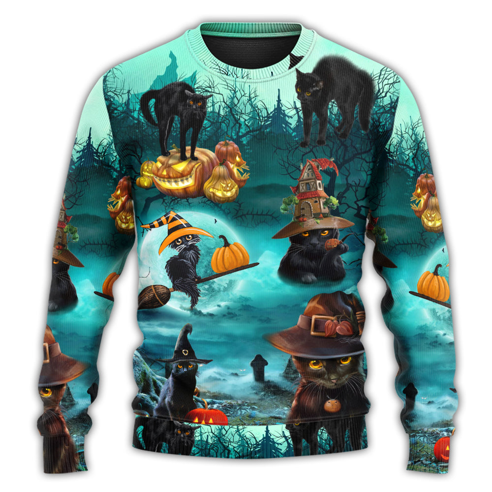 Halloween Black Cat Pumpkin Sweater For Art Fans Travel Parties And Distinctive Casual Style
