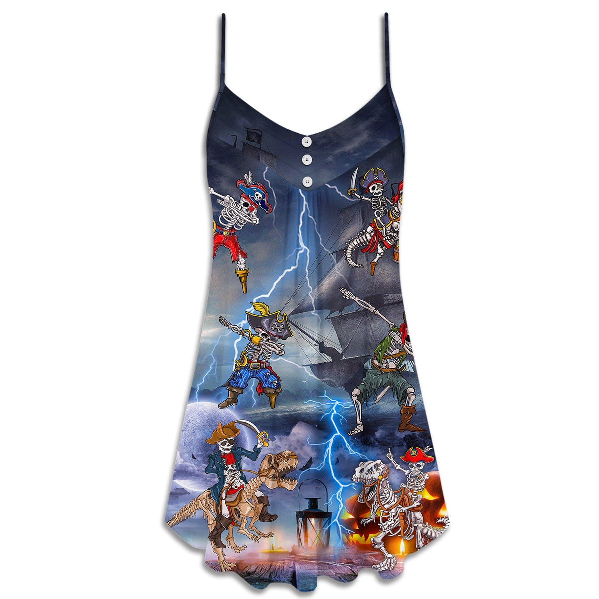 Halloween Pirate Skeleton Scary V-Neck Sleeveless Cami Dress For Festivals Travel And Relaxed Casual Summer Wear