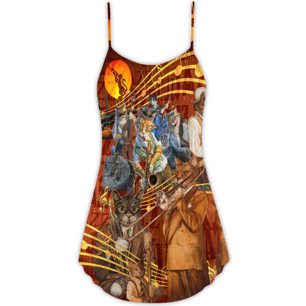 Jazz Lover Cat Style V-Neck Sleeveless Cami Dress For Music Lovers Travel And Expressive Summer Fashion