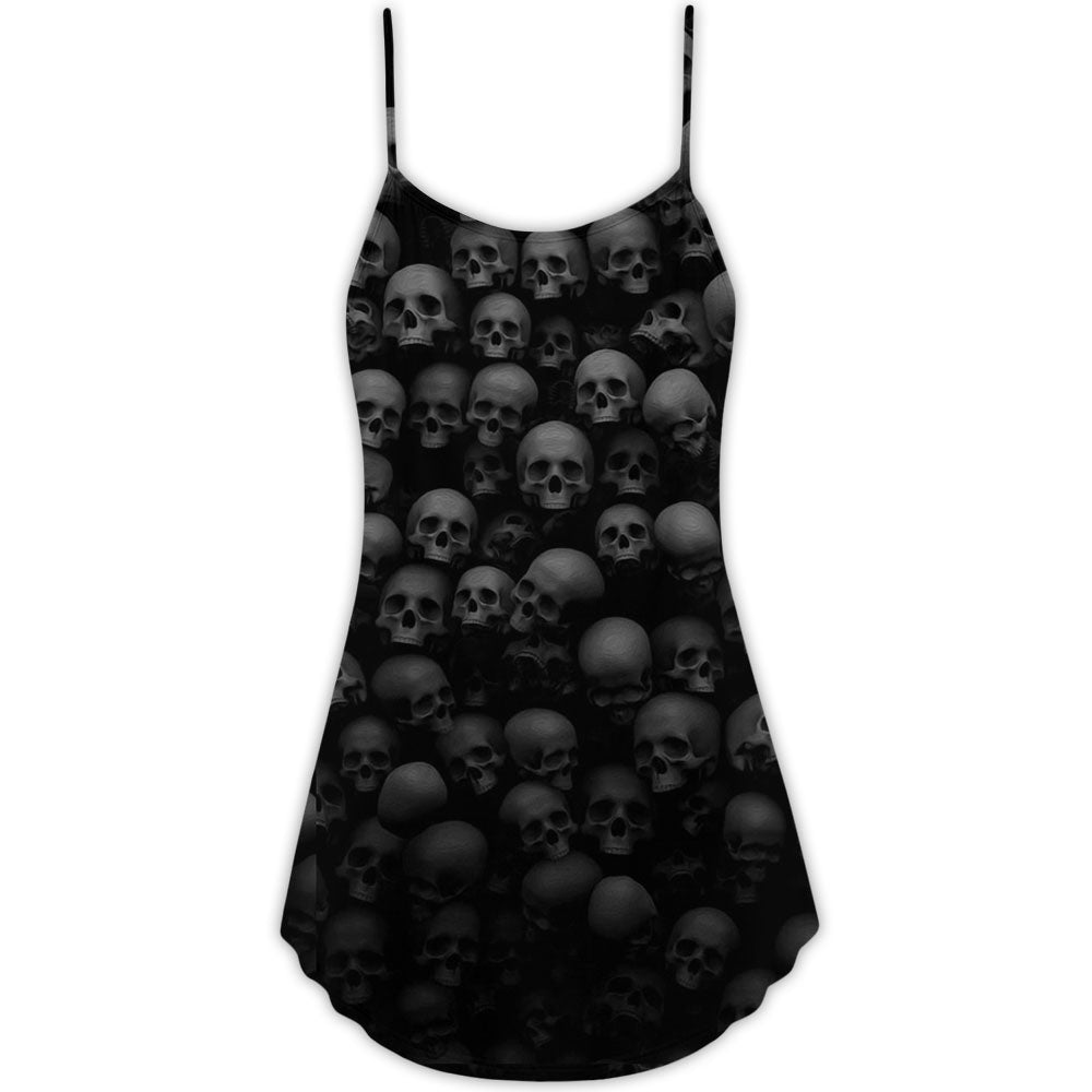 Skull Dark Rebel Quote V-Neck Sleeveless Cami Dress For Festivals And Distinctive Alternative Styling