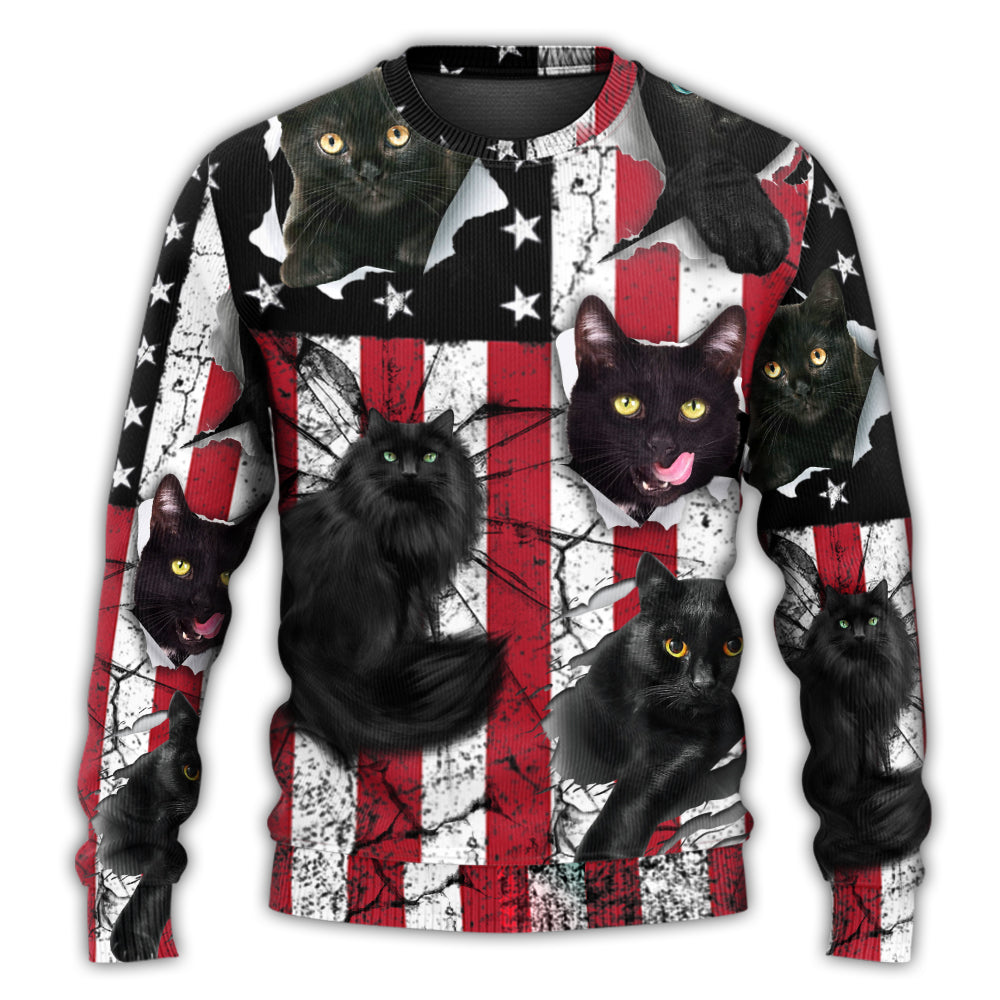Black Cat Independence Day Sweater For Animal Lovers Casual Wear Holidays And Thoughtful Gifting