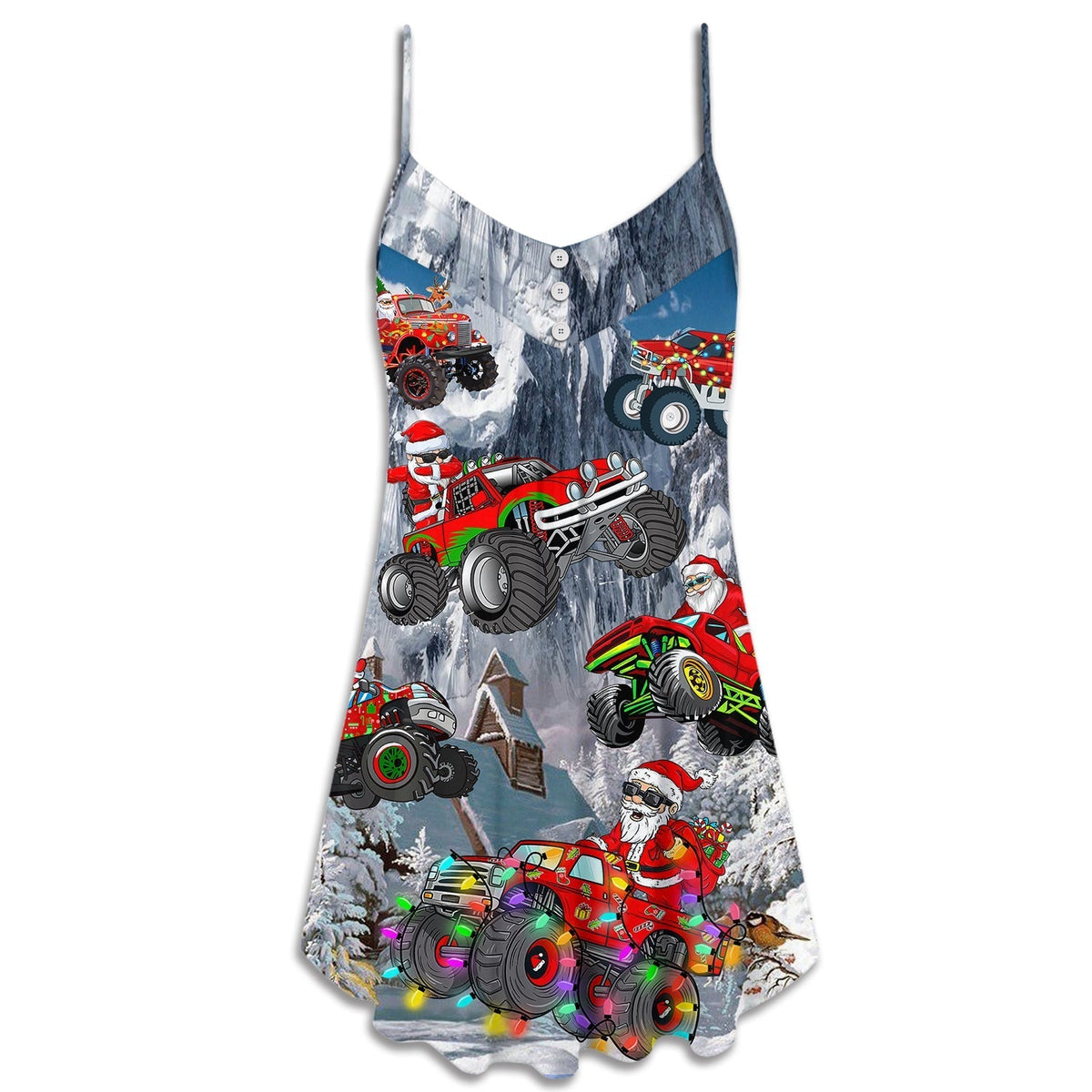 Christmas Santa Driving Red Truck V-Neck Sleeveless Cami Dress For Festive Events And Casual Summer Styling