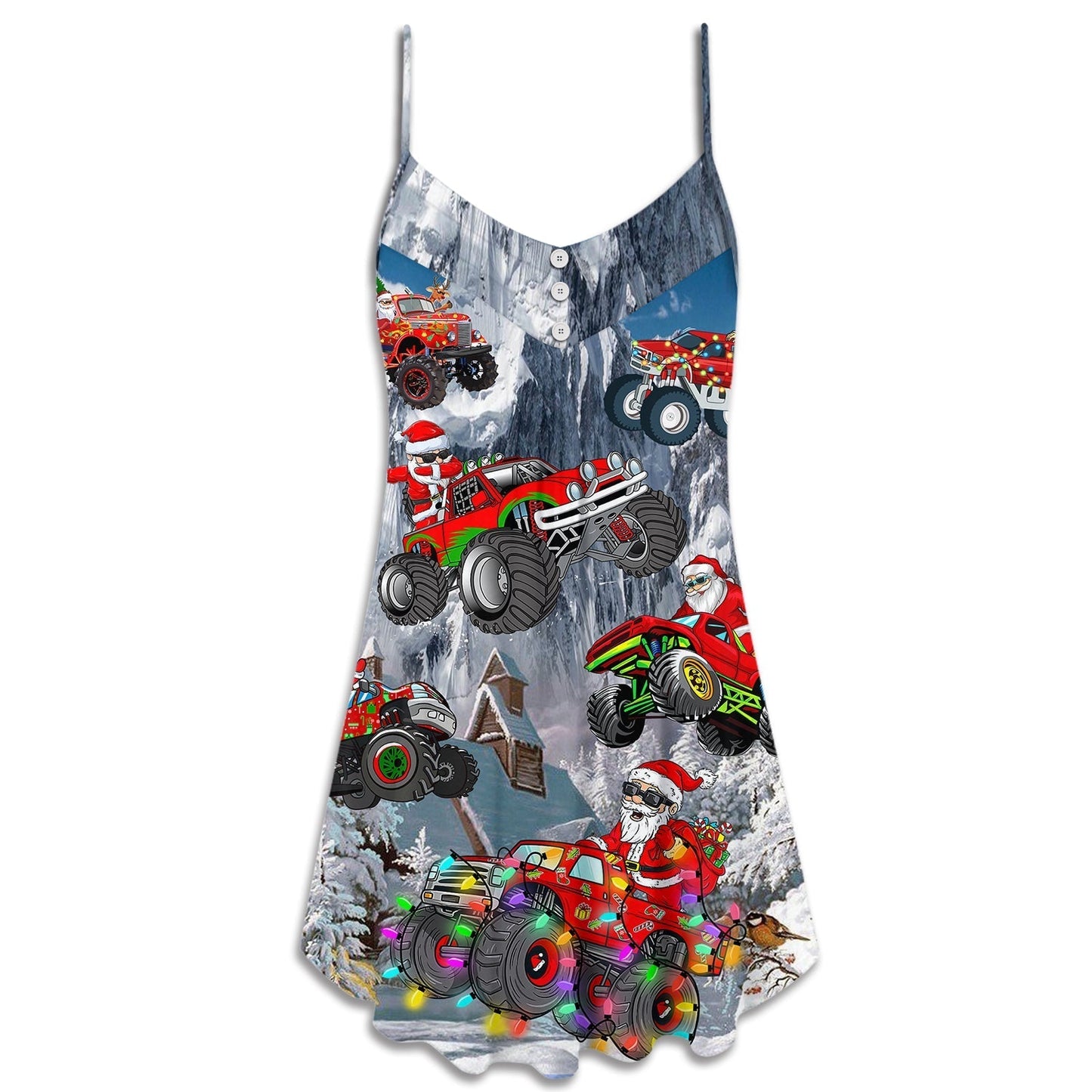 Christmas Santa Driving Red Truck V-Neck Sleeveless Cami Dress For Festive Events And Casual Summer Styling