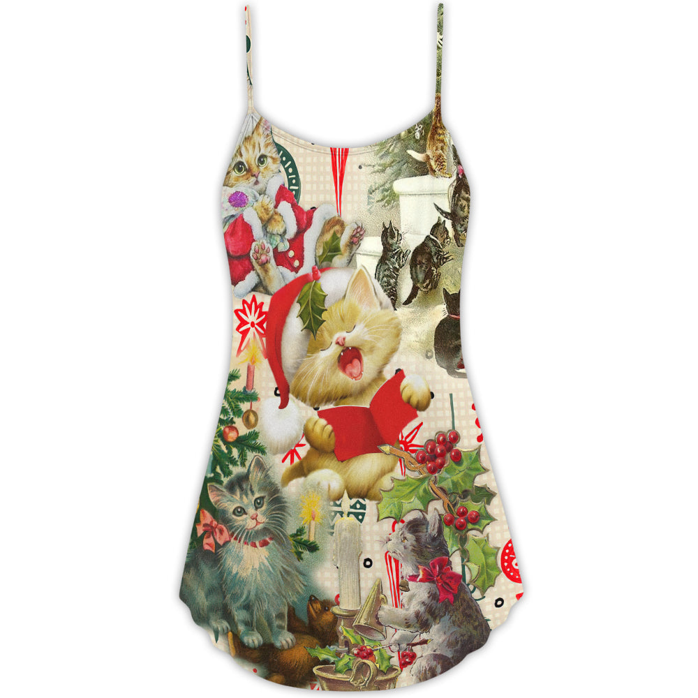 Christmas Cats Singing Holiday V-Neck Sleeveless Cami Dress For Festive Events And Casual Summer Styling