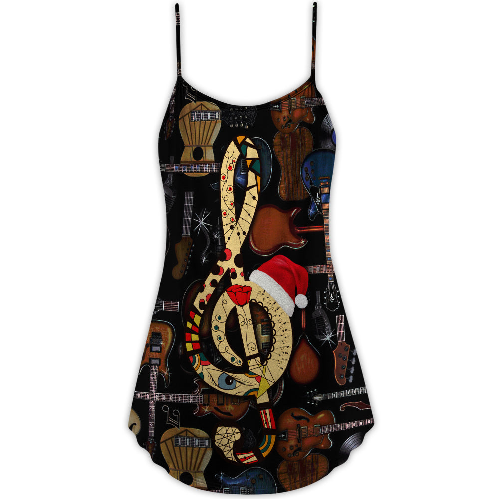 Christmas Guitar Happiness Santa Hat V-Neck Sleeveless Cami Dress For Holiday Parties And Relaxed Vacation Wear