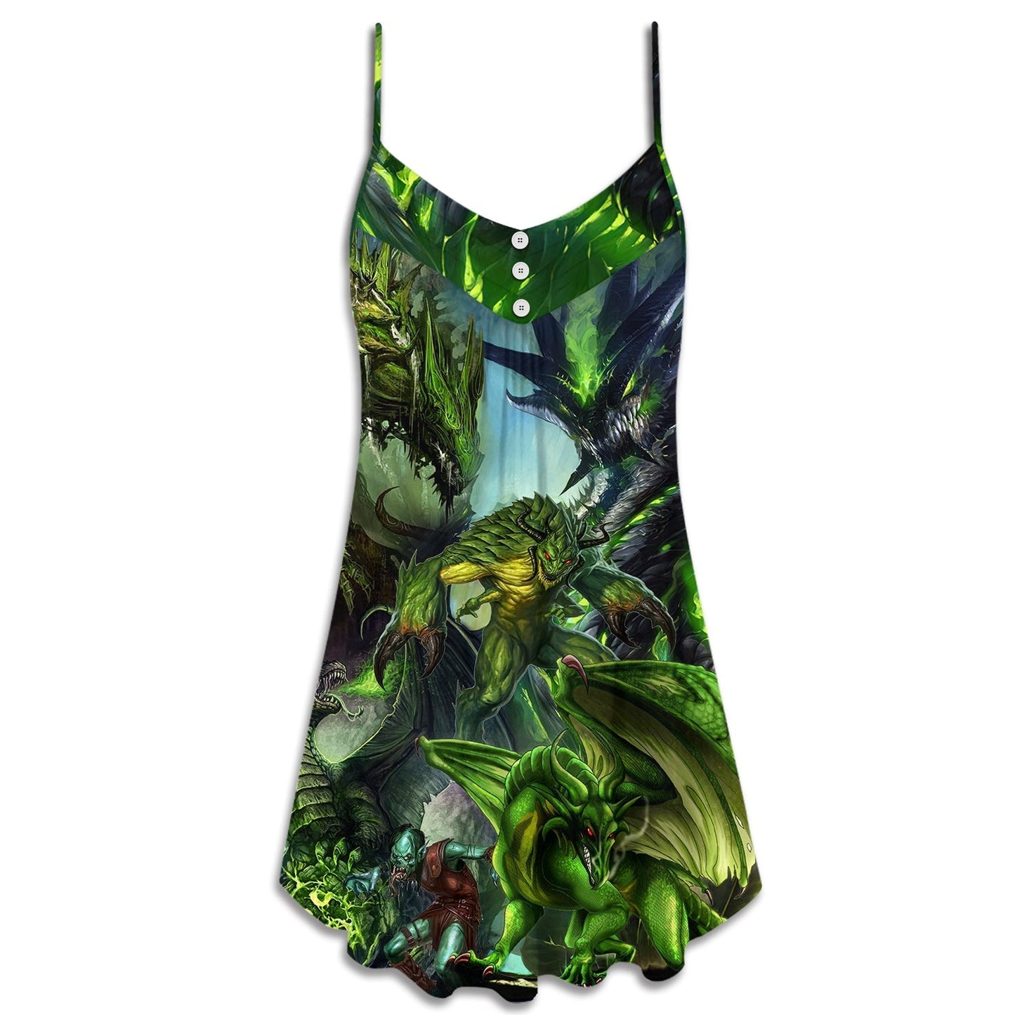 Green Dragon Skull Lover V-Neck Sleeveless Cami Dress For Bold Summer Events Vacations And Artistic Casual Style