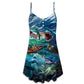 Fishing Shark Crazy Art V-Neck Sleeveless Cami Dress For Coastal Travel Festivals And Casual Warm Weather Wear