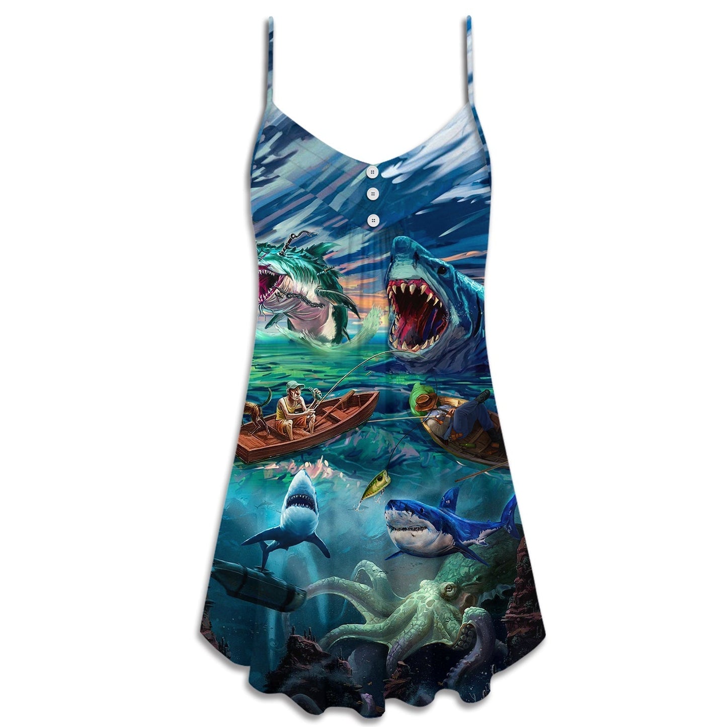 Fishing Shark Crazy Art V-Neck Sleeveless Cami Dress For Coastal Travel Festivals And Casual Warm Weather Wear
