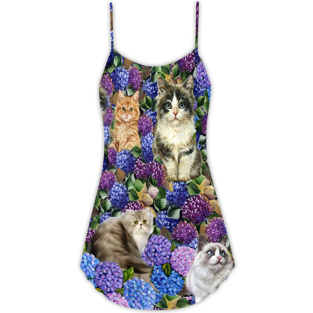 Lovely Cat Purple Flowers V-Neck Sleeveless Cami Dress For Festivals Travel And Relaxed Casual Summer Wear