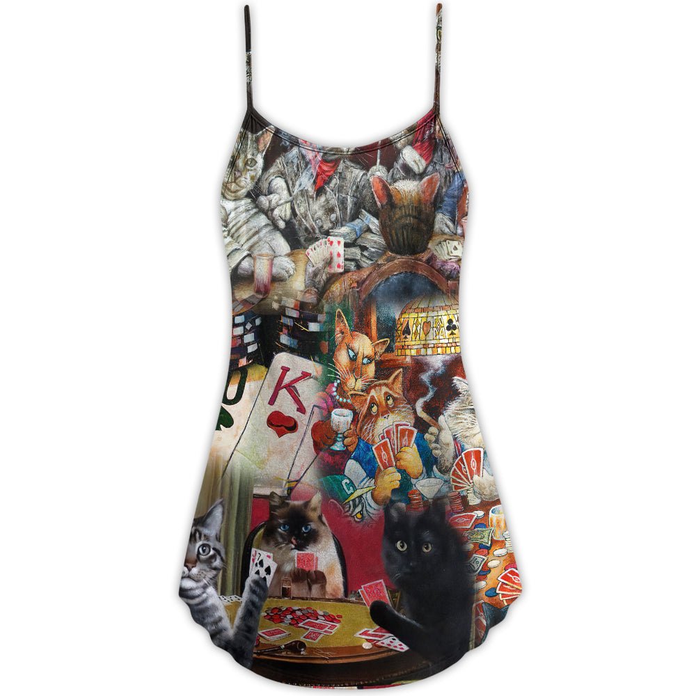 Cats Playing Poker Art V-Neck Sleeveless Cami Dress For Beach Trips Parties And Relaxed Warm Weather Style
