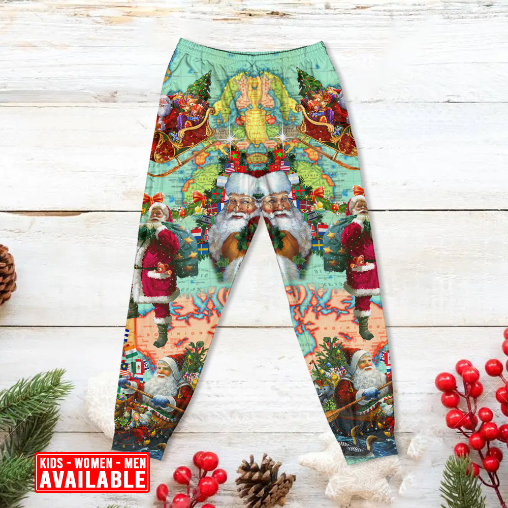 Santa World Map Christmas Love Long Sleeve Pajamas Set For Holiday Bedtime And Cozy Home Wear