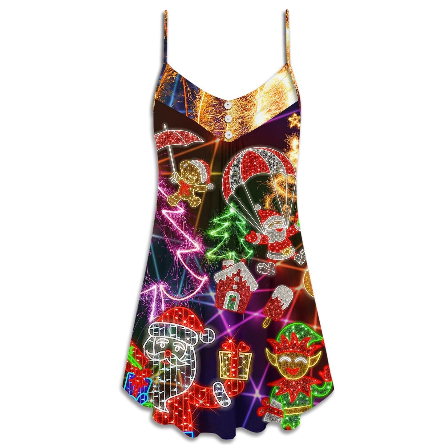 Christmas Santa Tree Elf Gingerbread Neon V-Neck Sleeveless Cami Dress For Summer Events And Comfortable Everyday Style
