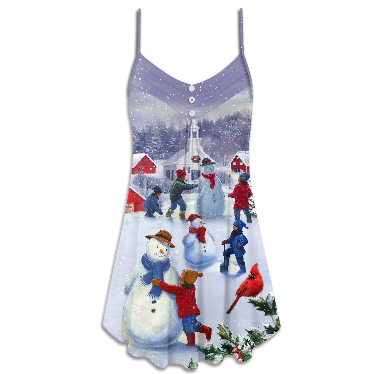 Children Snowman Christmas Town V-Neck Sleeveless Cami Dress For Vacations And Casual Warm Weather Wear
