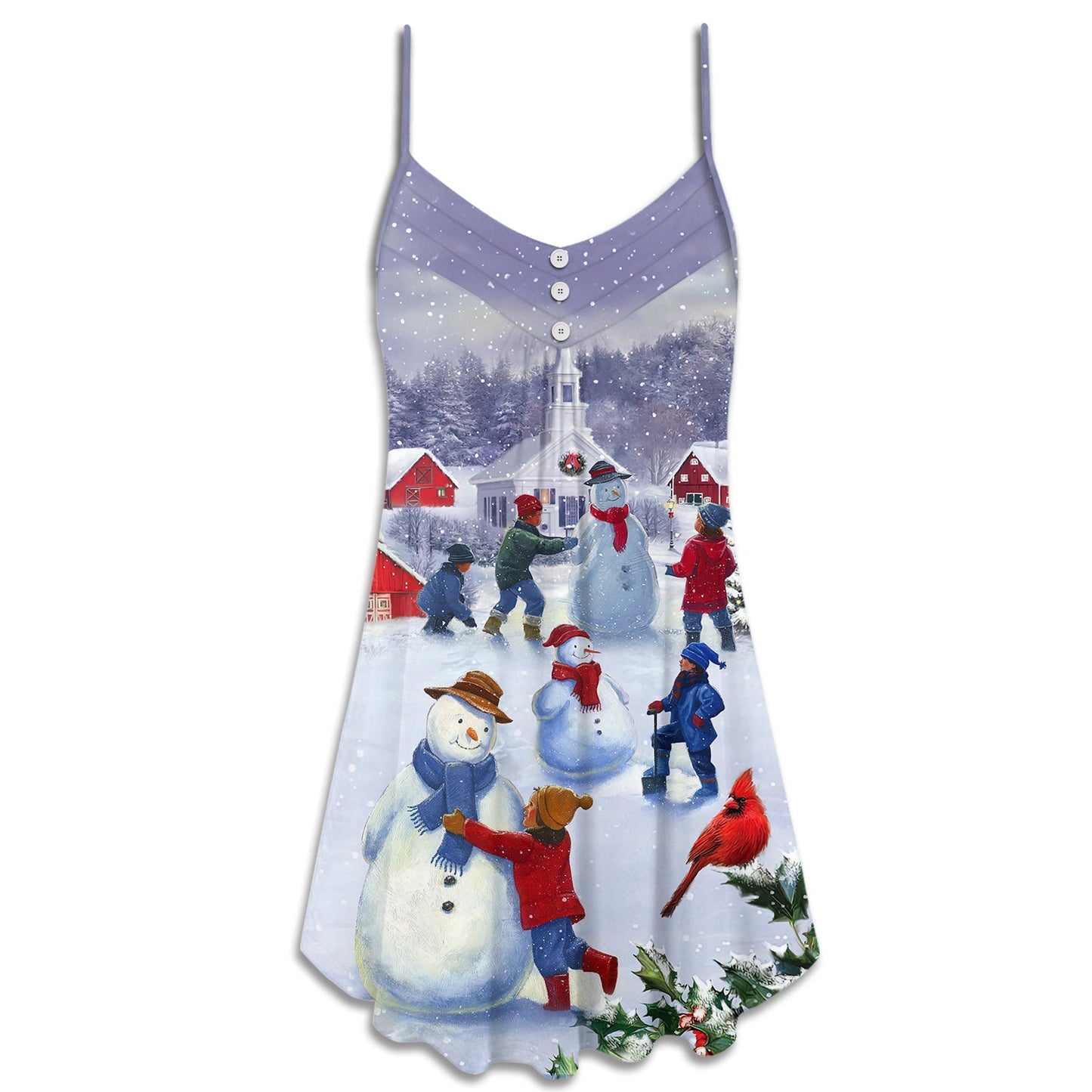 Children Snowman Christmas Town V-Neck Sleeveless Cami Dress For Vacations And Casual Warm Weather Wear