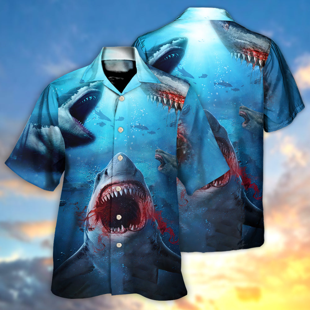 Red Shark Bites Sea Hawaiian Shirt For Poolside Relaxation And Sunny Getaways