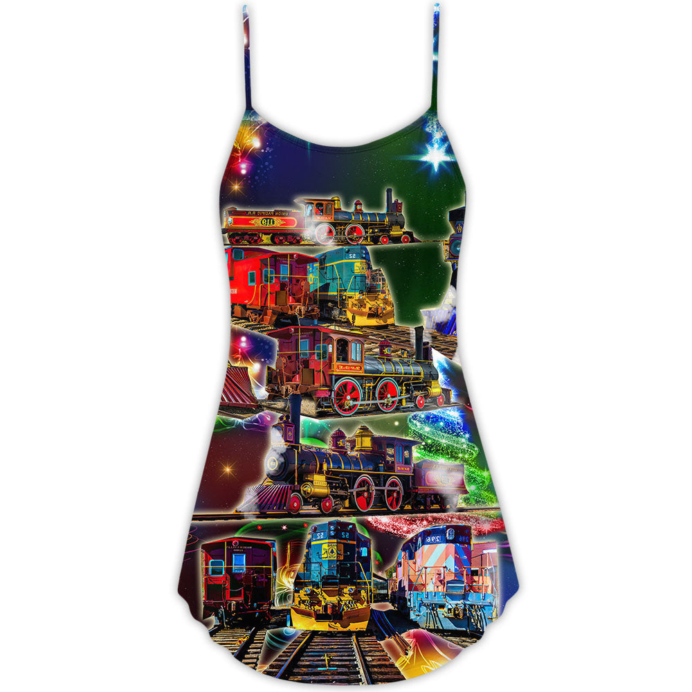 Vintage Train Merry Christmas Vibe V-Neck Sleeveless Cami Dress For Summer Events And Comfortable Everyday Style