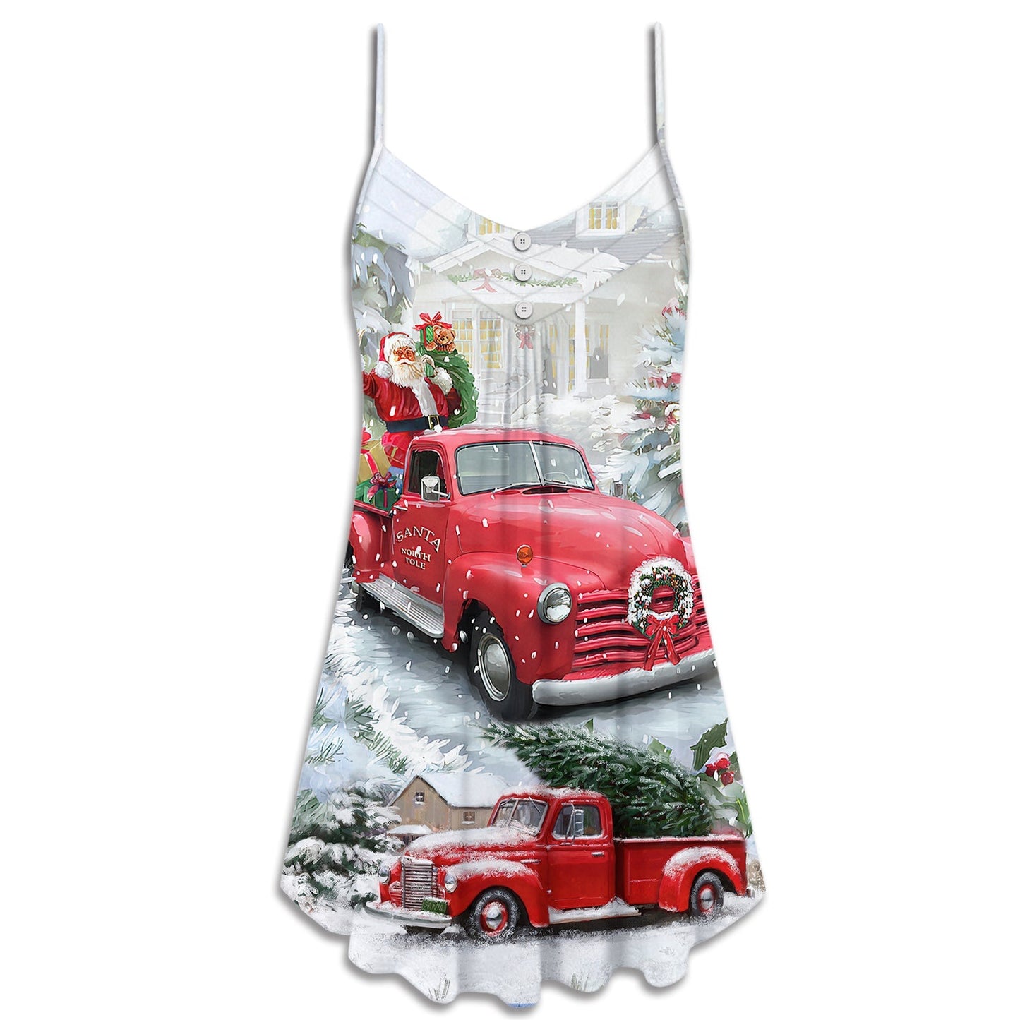 Santa Red Truck Christmas V-Neck Sleeveless Cami Dress For Festivals Travel And Relaxed Casual Summer Wear