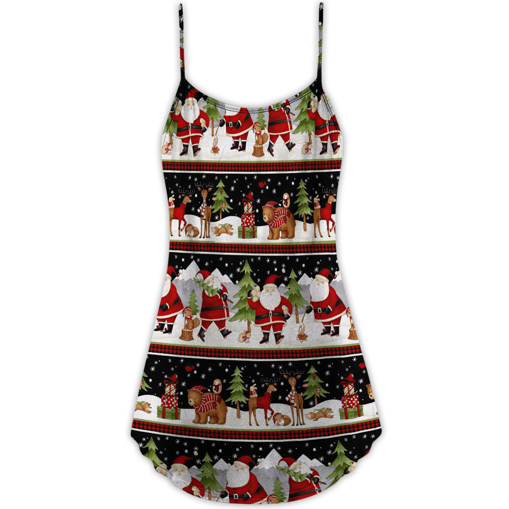 Santa Reindeer Bear Night V-Neck Sleeveless Cami Dress For Christmas Parties Travel And Bright Seasonal Fashion