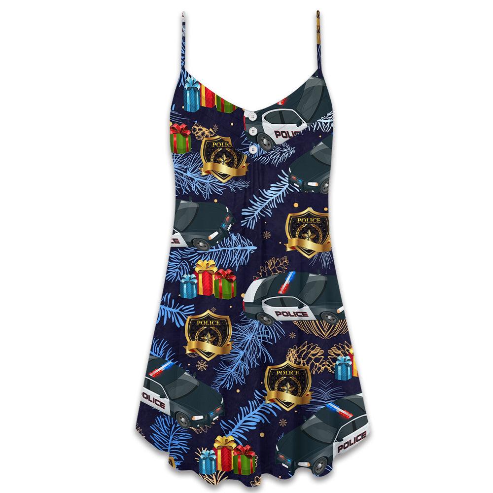 Police Christmas Pattern Merry Holiday V-Neck Sleeveless Cami Dress For Vacations And Casual Warm Weather Wear