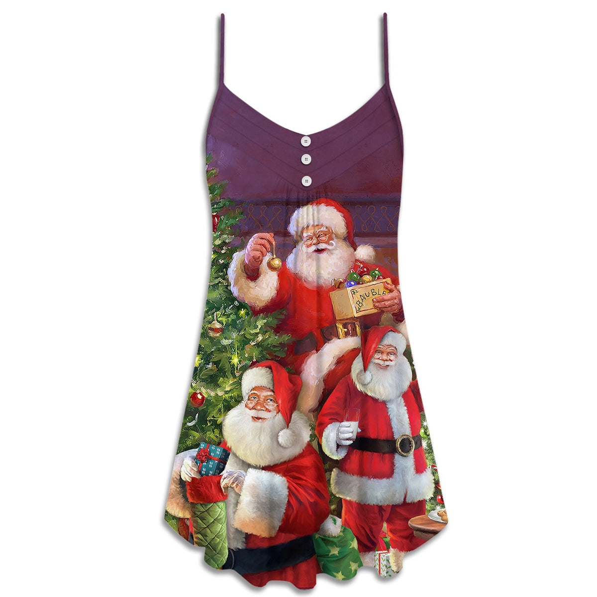 Happy Santa Christmas Gift V-Neck Sleeveless Cami Dress For Summer Vacations Festivals And Casual Everyday Wear