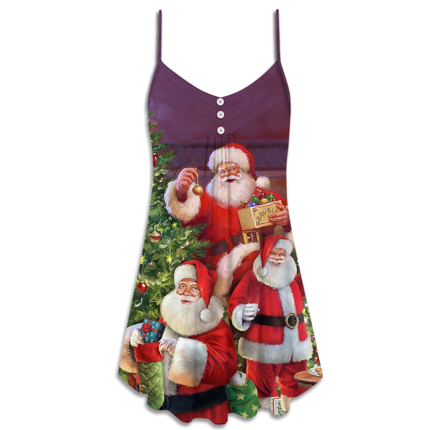 Happy Santa Christmas Gift V-Neck Sleeveless Cami Dress For Summer Vacations Festivals And Casual Everyday Wear
