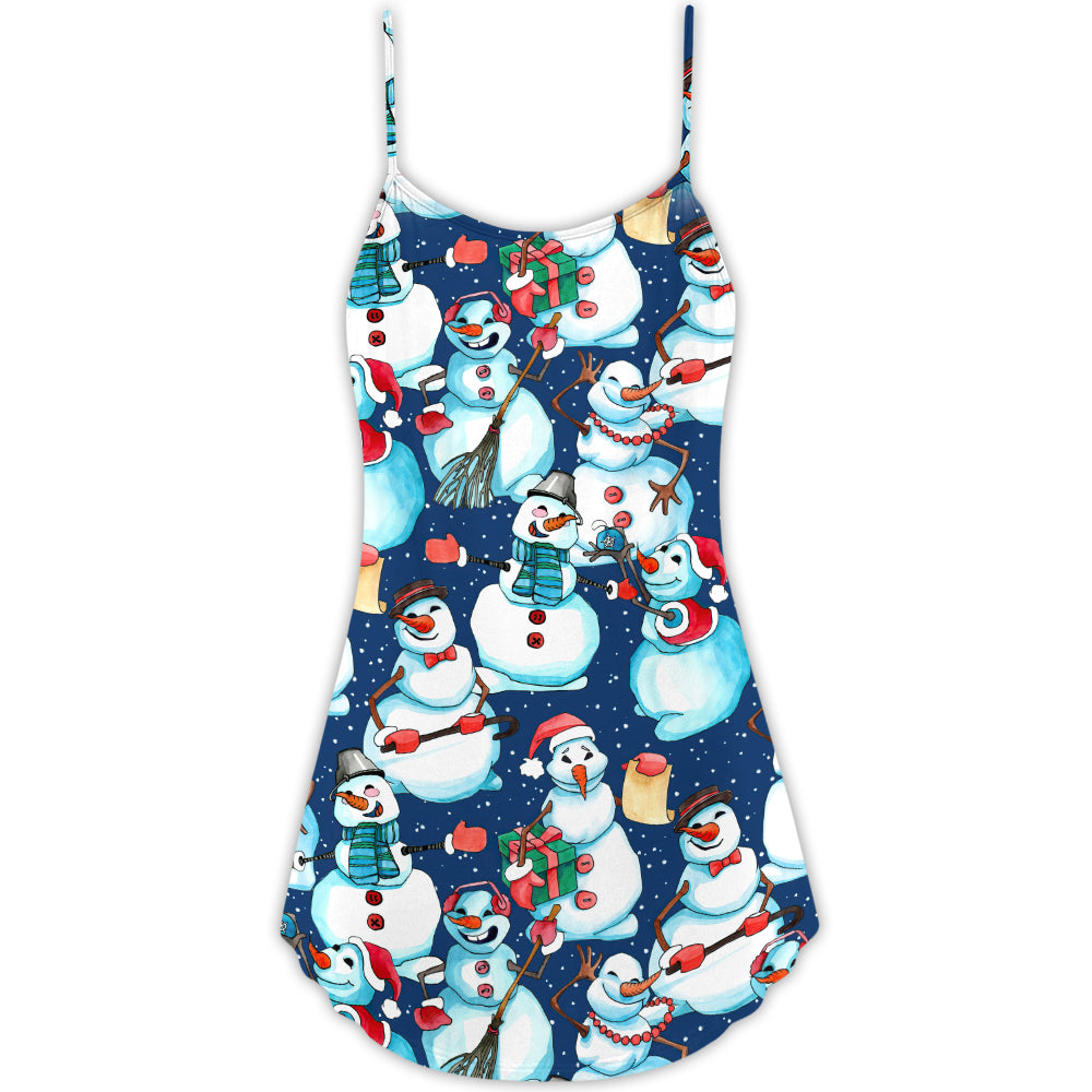 Christmas Happy Snowman Holiday V-Neck Sleeveless Cami Dress For Vacations And Casual Warm Weather Wear