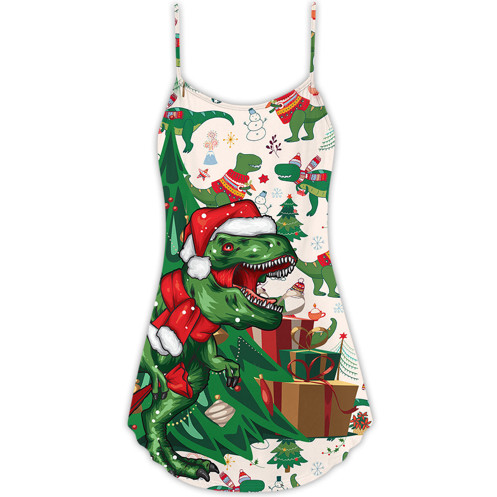 Christmas Dinosaur Tree Merry Rexmas V-Neck Sleeveless Cami Dress For Vacations And Casual Warm Weather Wear