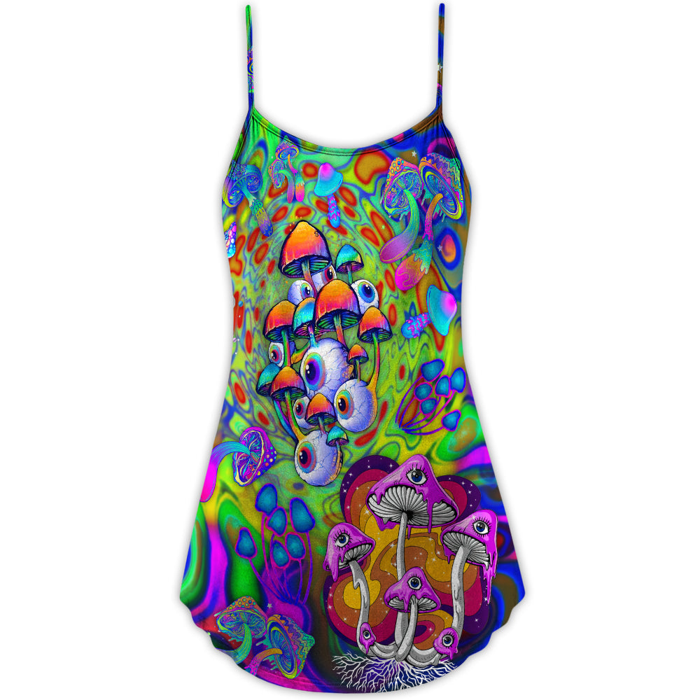 Stay Trippy Hippie Mushroom V-Neck Sleeveless Cami Dress For Summer Getaways Parties And Expressive Hippie Style
