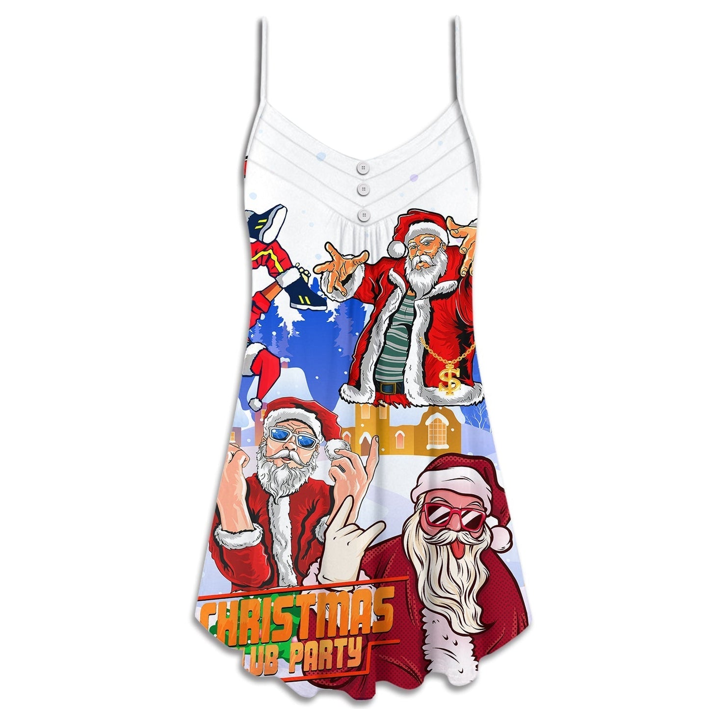 Christmas Santa Dancing Star V-Neck Sleeveless Cami Dress For Festive Events And Casual Summer Styling