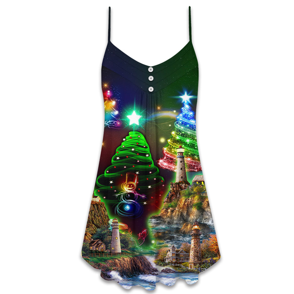 Lighthouse Merry Christmas Happy V-Neck Sleeveless Cami Dress For Festive Events And Casual Summer Styling