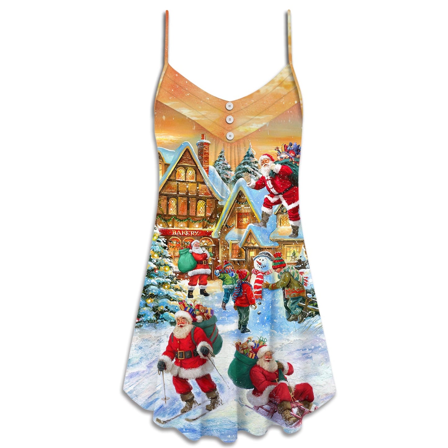 Santa In Town Holiday V-Neck Sleeveless Cami Dress For Holiday Celebrations Vacations And Cheerful Casual Wear