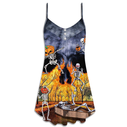 Halloween Skeleton Party Pumpkin Scary – Women's Summer Sleeveless V-Neck Camisole Dress