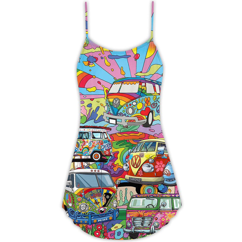 Hippie Van Colorful Peace Art V-Neck Sleeveless Cami Dress For Festivals Vacations And Relaxed Artistic Styling