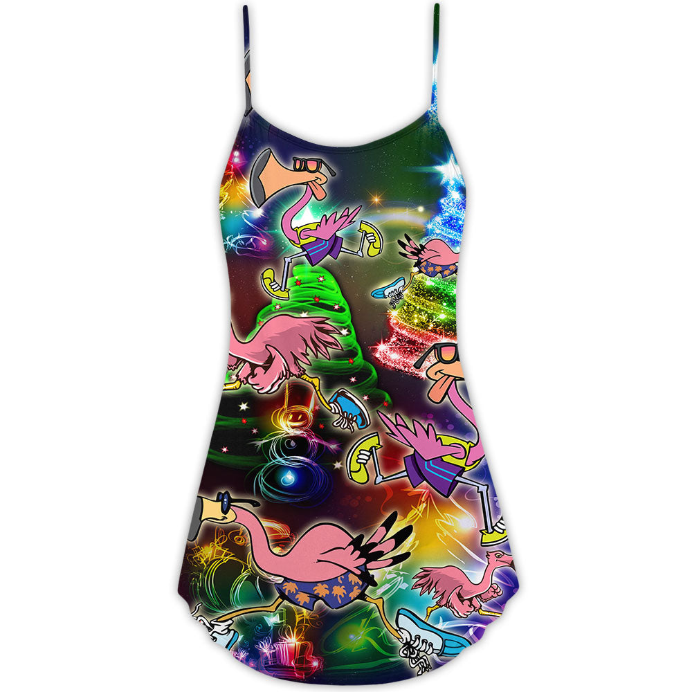 Flamingo Running Christmas Neon V-Neck Sleeveless Cami Dress For Festivals Travel And Relaxed Casual Summer Wear