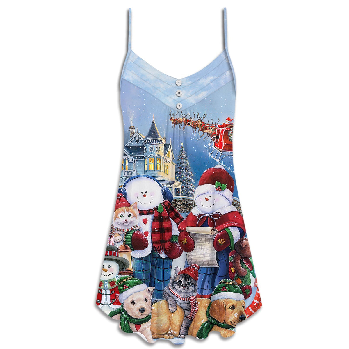 Christmas Family Snowman Joy V-Neck Sleeveless Cami Dress For Beach Trips Parties And Relaxed Warm Weather Style