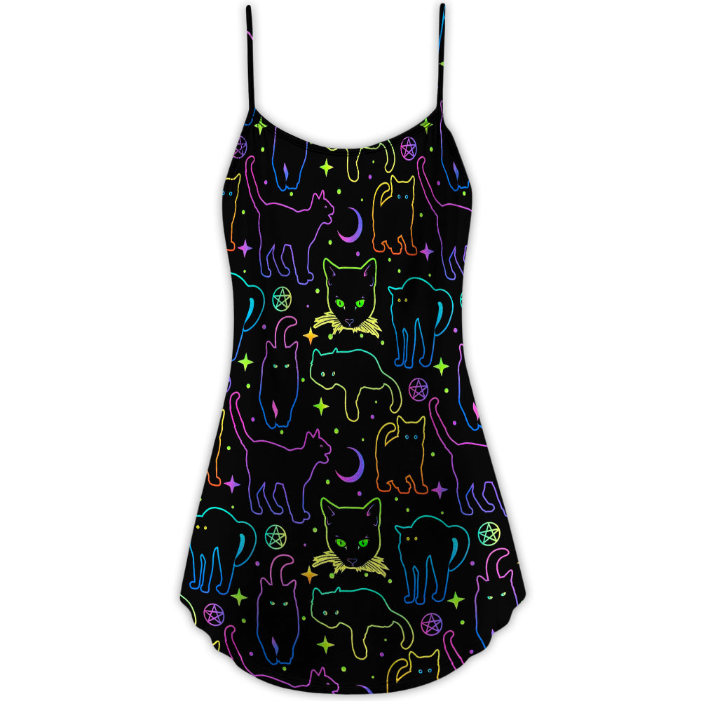 Neon Colorful Cat Playing Kitten V-Neck Sleeveless Cami Dress For Casual Outings Vacations And Summer Style