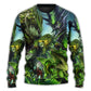 Green Dragon Skull Fantasy Sweater For Art Lovers Holidays Parties And Comfortable Wear