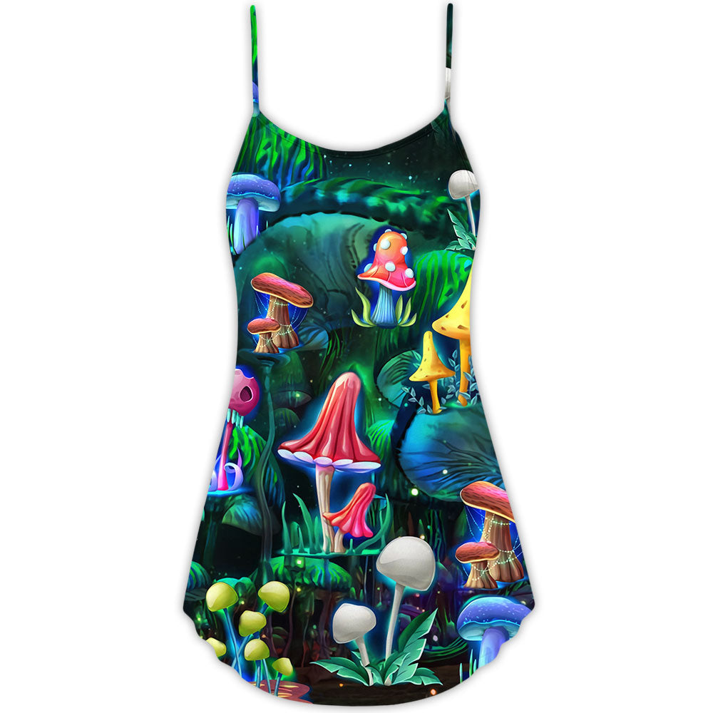 Hippie Mushroom Galaxy Neon V-Neck Sleeveless Cami Dress For Summer Getaways Parties And Expressive Hippie Style