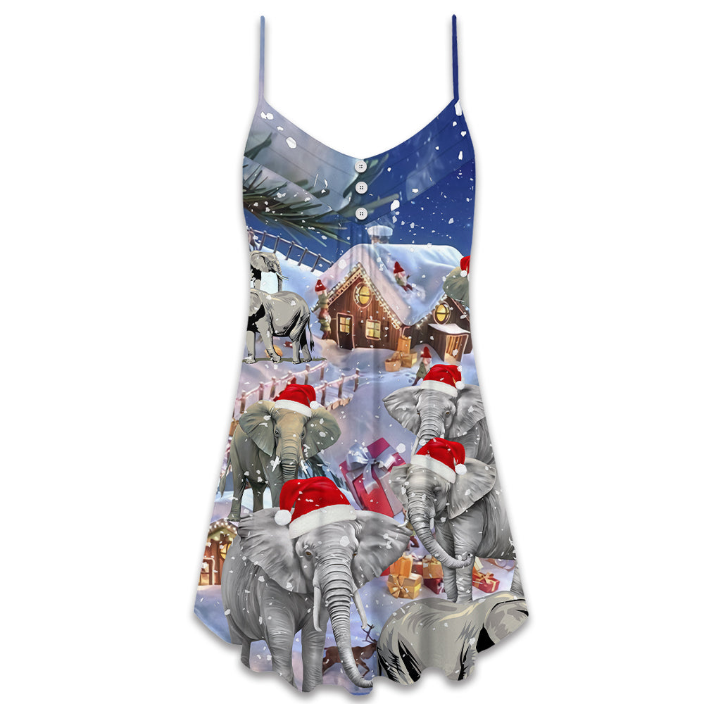 Christmas Elephant Happy Town V-Neck Sleeveless Cami Dress For Festive Events And Casual Summer Styling