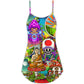 Hippie Mushroom Peace Peaceful Vibes V-Neck Sleeveless Cami Dress For Vacations And Casual Warm Weather Wear