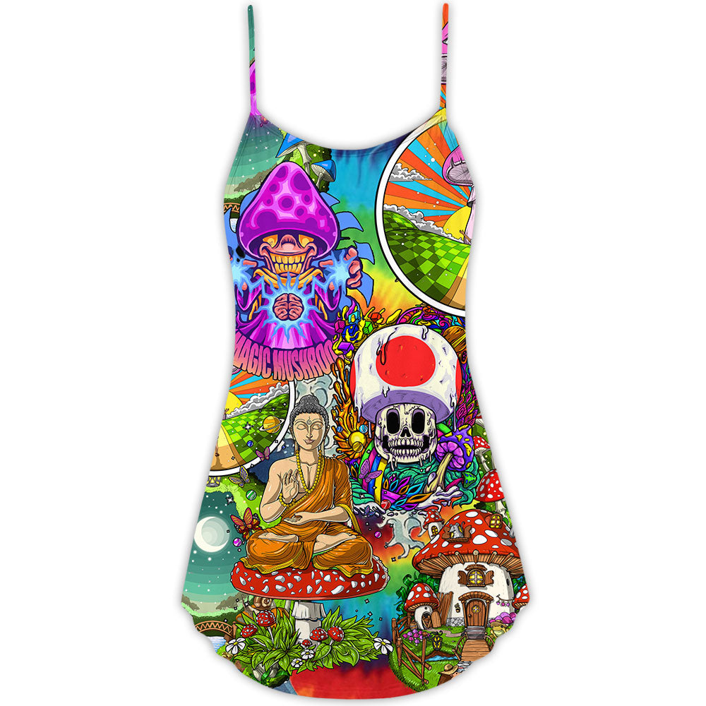 Hippie Mushroom Peace Peaceful Vibes V-Neck Sleeveless Cami Dress For Vacations And Casual Warm Weather Wear