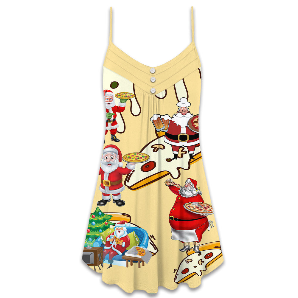 Christmas Santa Eating Pizza V-Neck Sleeveless Cami Dress For Beach Trips Parties And Relaxed Warm Weather Style
